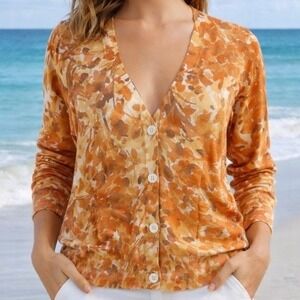 Talbots Petites Orange Abstract Floral V-Neck Cardigan Sweater Small S Classic